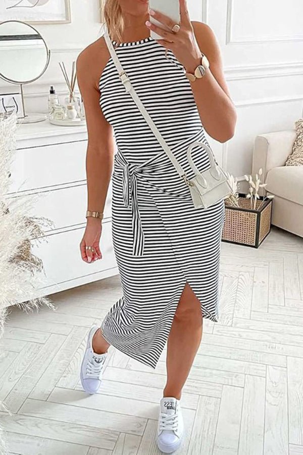 Striped Casual Sleeveless Halter Slim Fit Lace-Up Slit Midi Dress