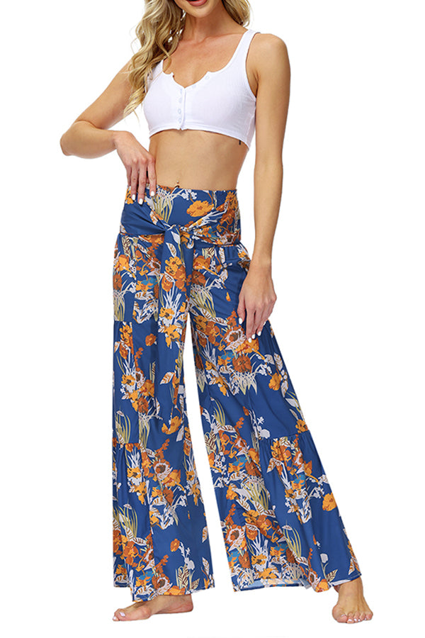 Printed Women's Loose Beach Wide Leg Lace-up Trousers