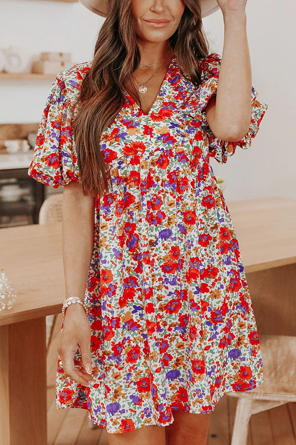 Bouquet for You Puff Sleeve Floral Babydoll Dress