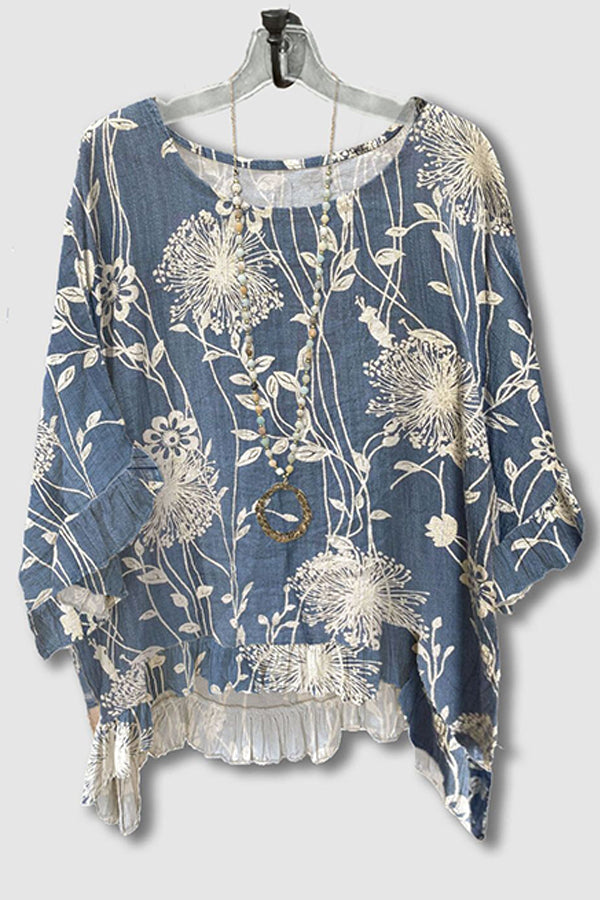 Loose Printed Ruffled Crinkled Blouse