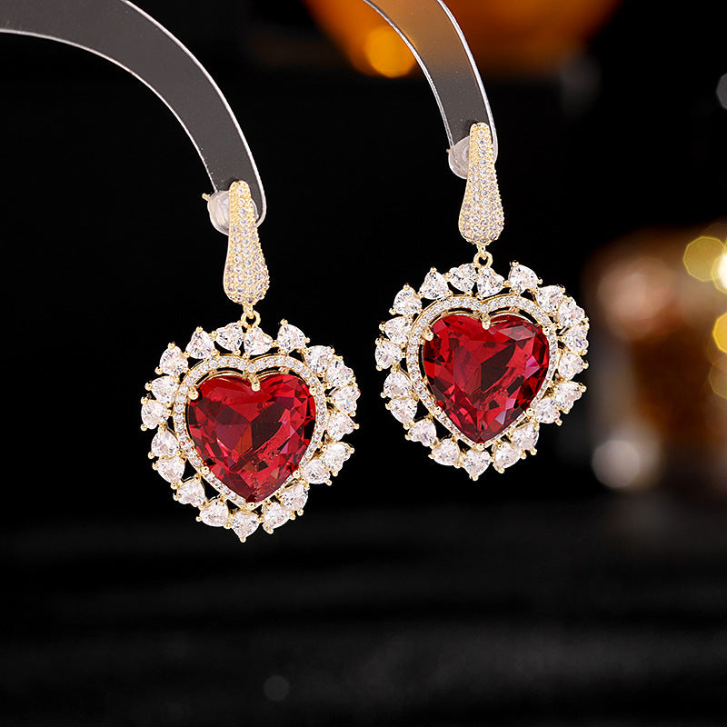 Zircon Inlaid Heart-Shaped Earrings