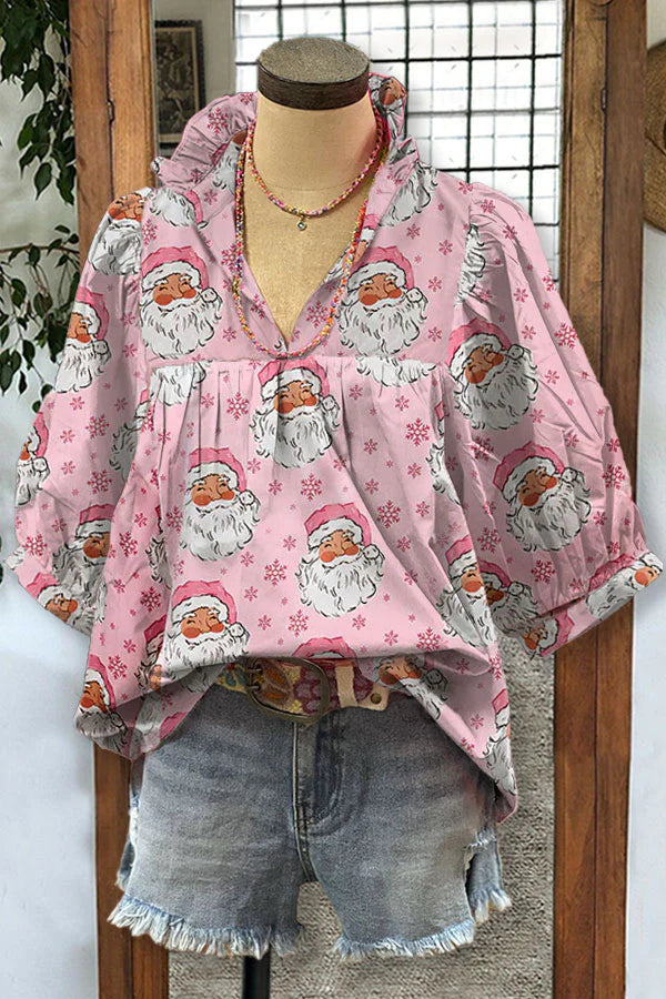 Santa Claus Print Pleated V-neck Puff Sleeve Top