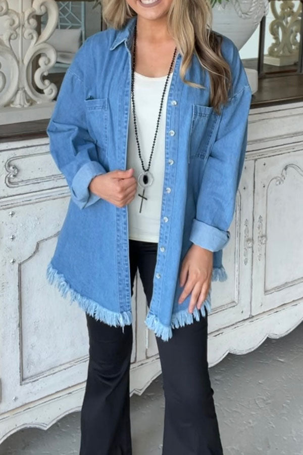 Sleek Frayed Hem Denim Jacket