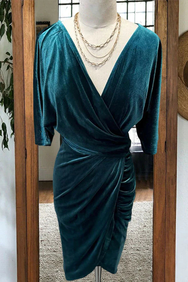 Pleated V-neck Wrap Velvet Dress