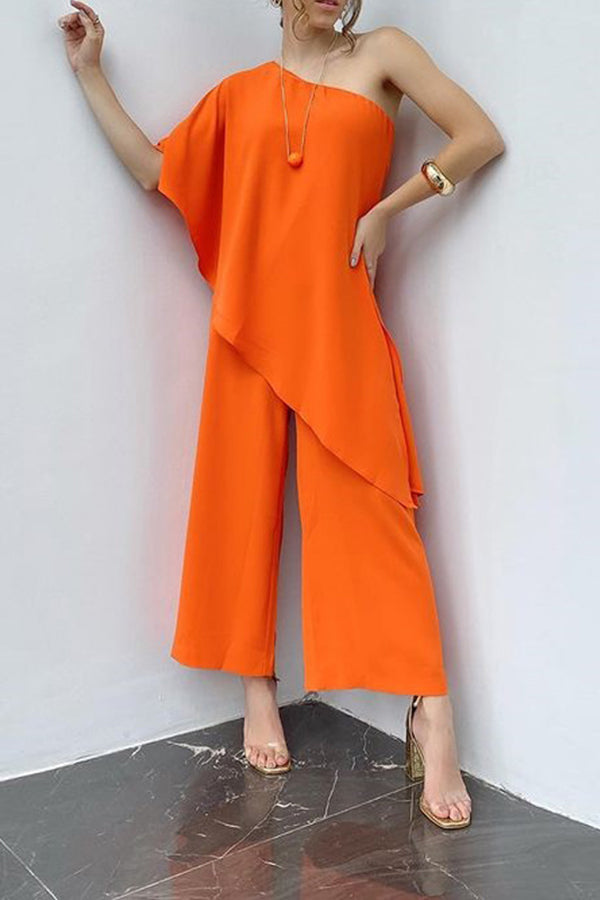 Loose Solid Color Sexy Sloping Shoulder Jumpsuit