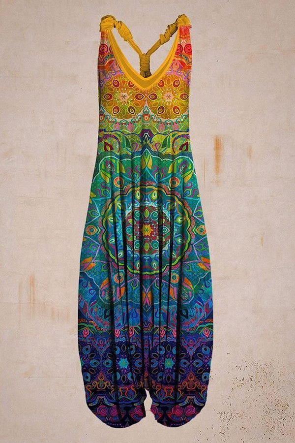 Women Retro Colorful Pattern Print Sleeveless Harem Jumpsuit