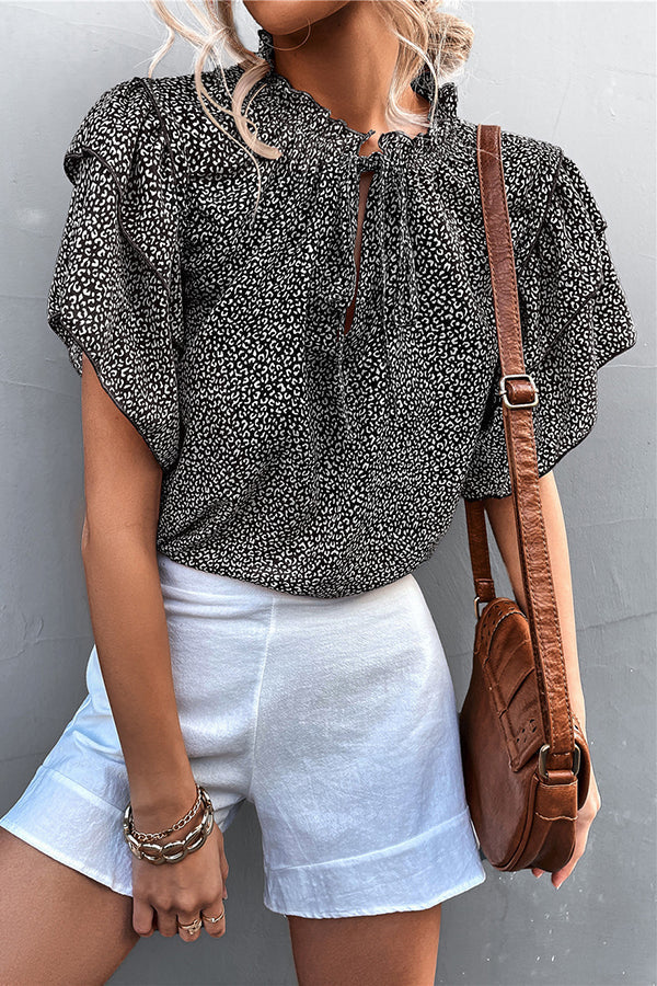 Women's Lace-up V-neck Leopard Print Top Casual T-shirt