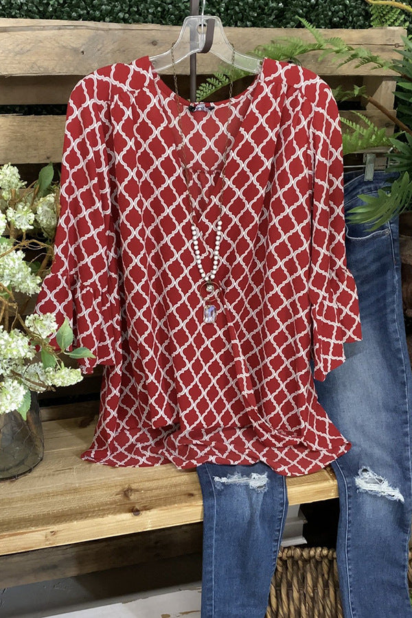 women's argyle print V-neck loose top