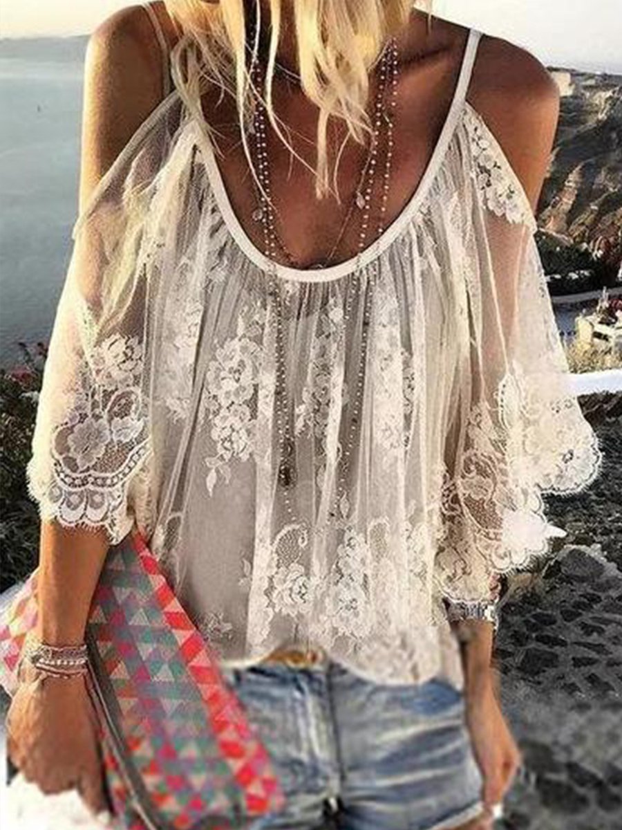 Solid Cold-shoulder Beach Lace Blouse