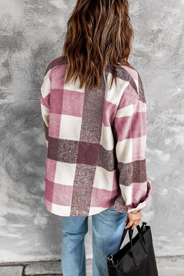 Plaid Color Block Buttoned Long Sleeve Jacket with Pocket