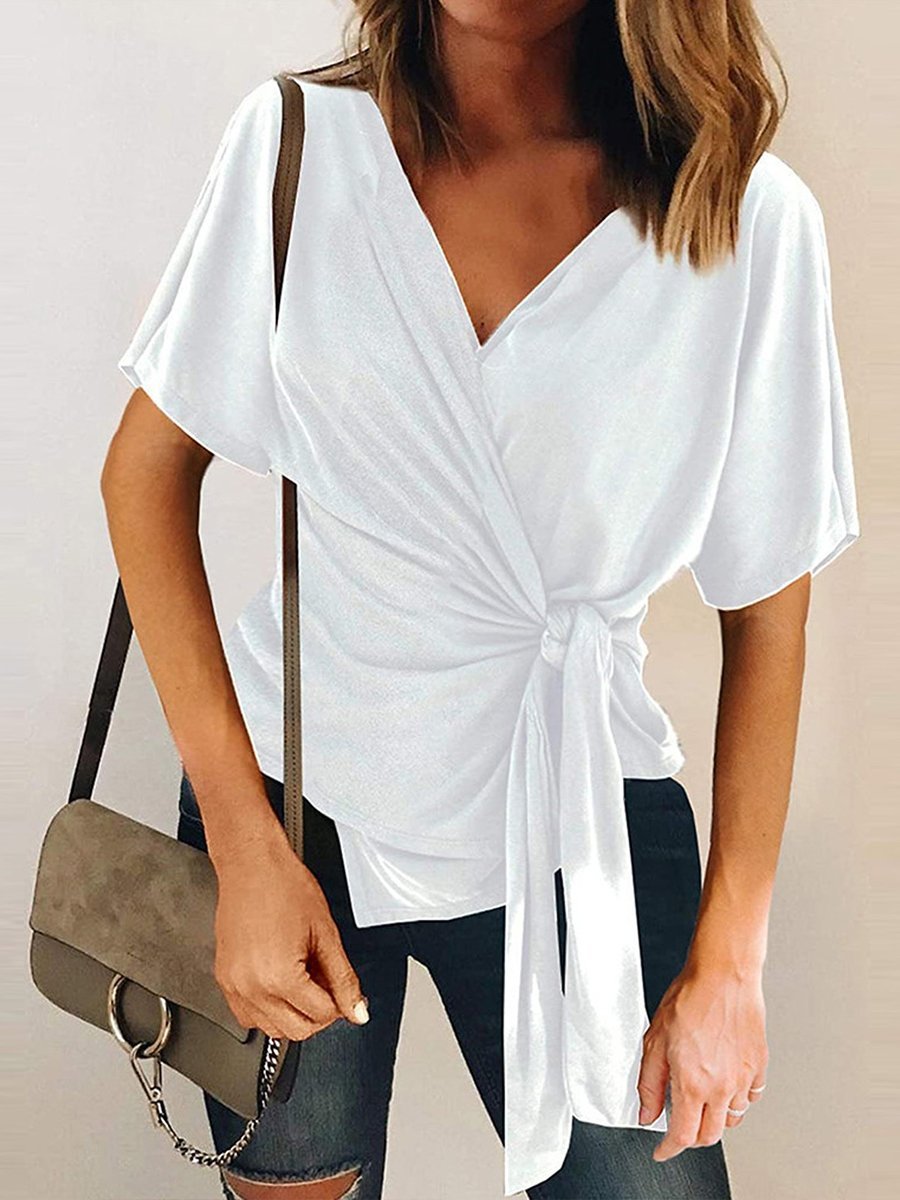 White Short Sleeve Wrap Top