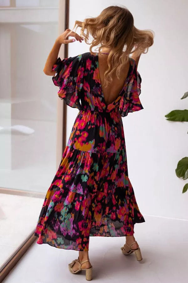 Wonderful Waves Floral Backless Maxi Dress