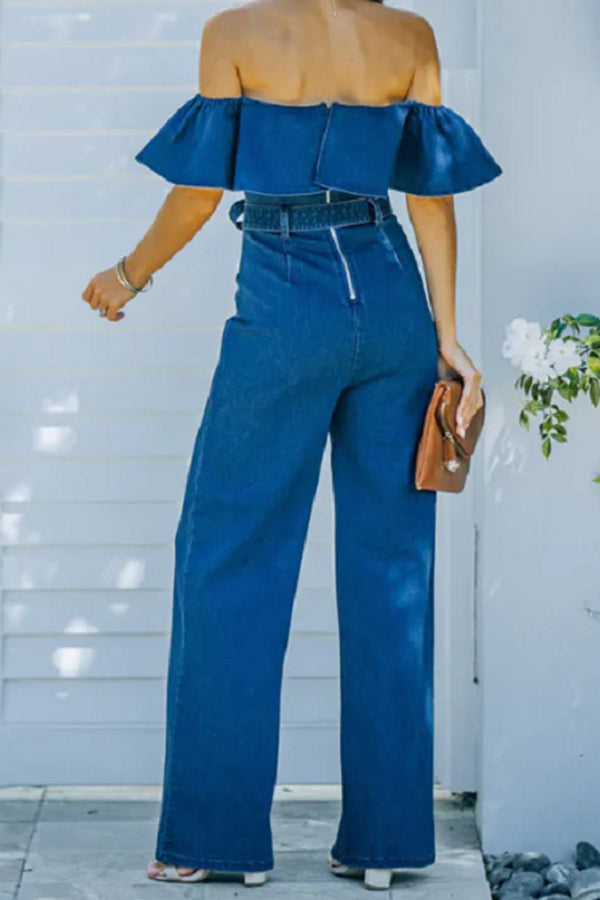 Fashion Solid Denim Faux One Shoulder Ruffle Jumpsuit