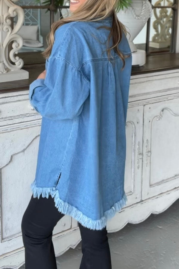 Sleek Frayed Hem Denim Jacket