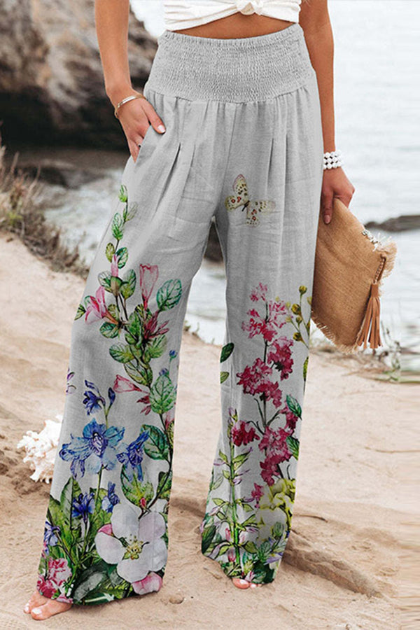 Printed High Waist Slip Pocket Casual Wide Leg Pants