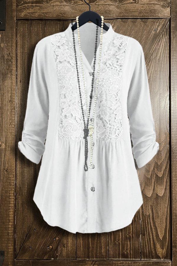 Lace Panel V-neck Long Sleeve Shirt