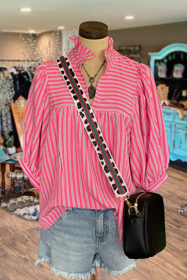 Striped Bubble Sleeve Ruffle V-Neck Blouse