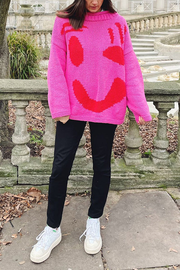 FEEL GOOD KNIT COLORFUL SMILEY FACE LOOSE PULLOVER SWEATER