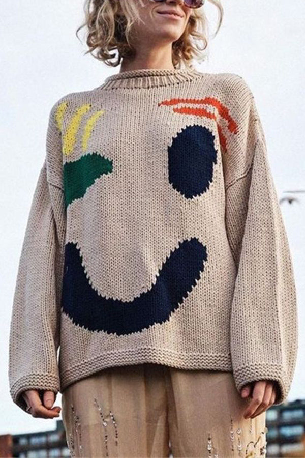 FEEL GOOD KNIT COLORFUL SMILEY FACE LOOSE PULLOVER SWEATER