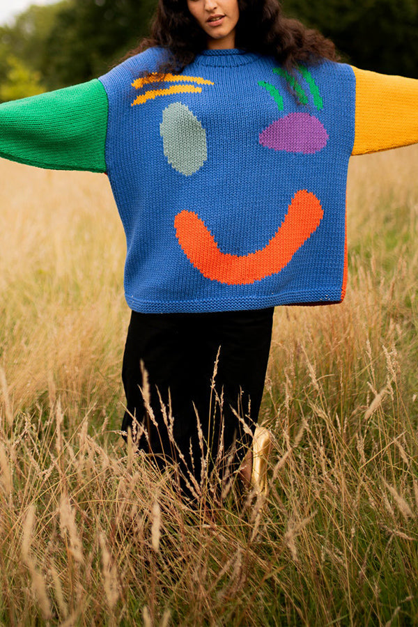 FEEL GOOD KNIT COLORFUL SMILEY FACE LOOSE PULLOVER SWEATER