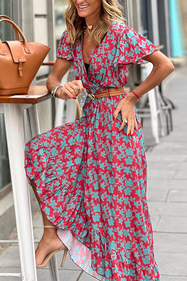 V-Neck Ruffle Swing Print Maxi Dress