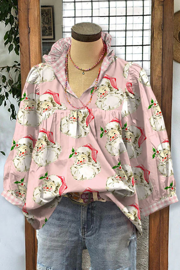 Santa Claus Paneled Plaid Printed Puff Sleeve Top