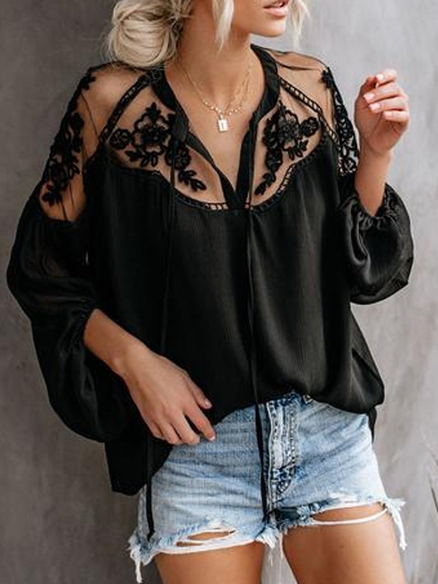 Solid Long Sleeve Lace Stiching Loose Chiffon Blouse