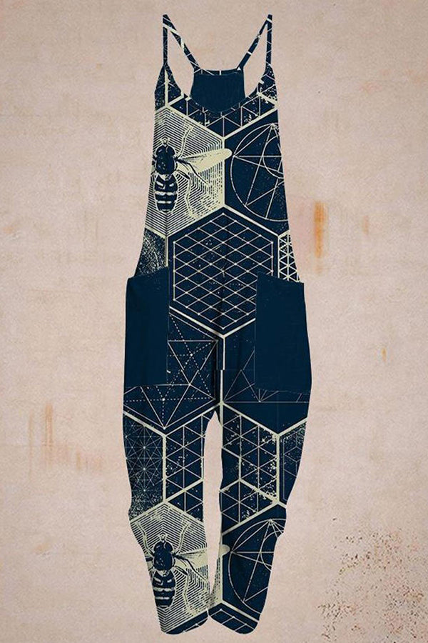 Casual geometric pattern print navy blue comfortable pocket jumpsuit