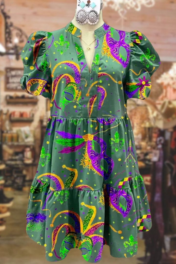 Mardi Gras Print V-Neck Puff Sleeve Mini Dress