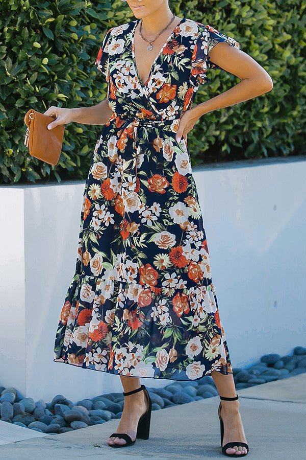 V-neck Floral Print Chiffon Long Dress