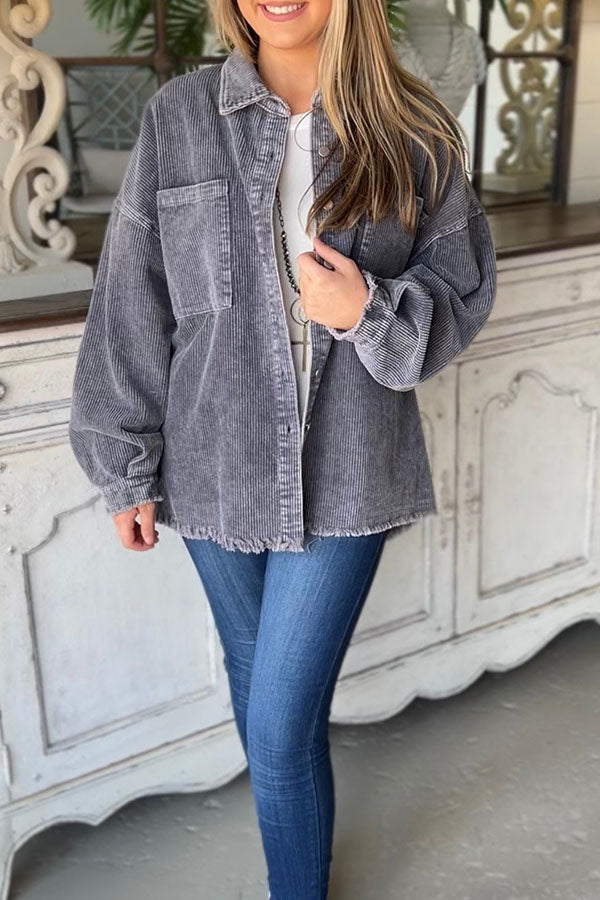 Grey Corduroy Frayed Hem Jacket