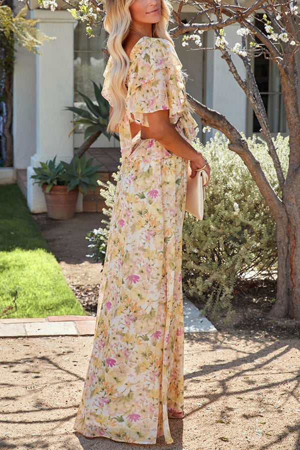 Dunes And Blooms Floral Ruffle Cutout Maxi Dress