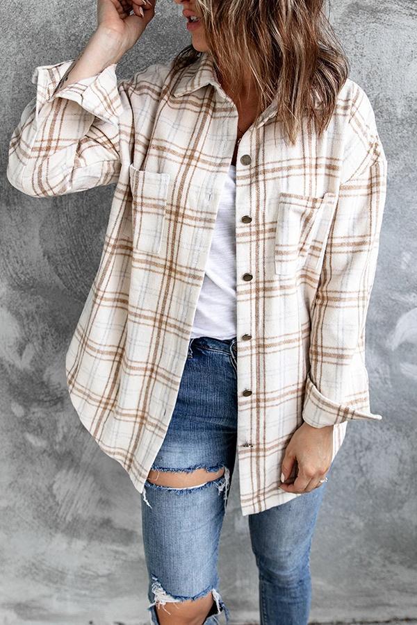 Mid-length Plaid Lapel Button Front Shacket