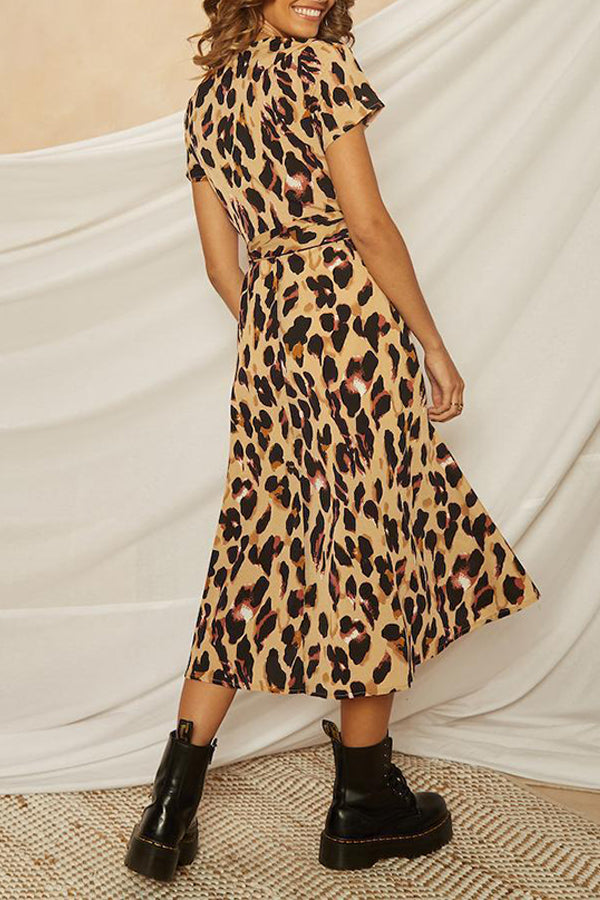 V-Neck Short Sleeve Leopard Print Lace-Up Mid-Length Slit Dress