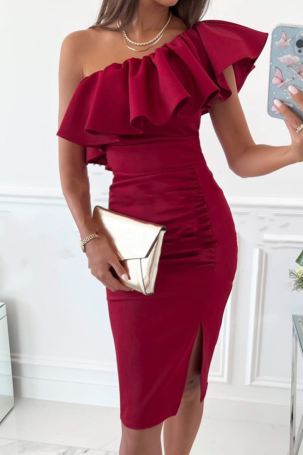 Lady of The Evening Ruffle Neck Ruched Dress