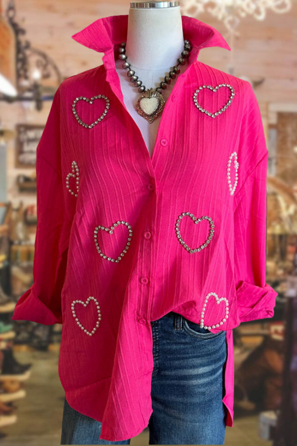 Pearl Rhinestone Heart Texture Shirt