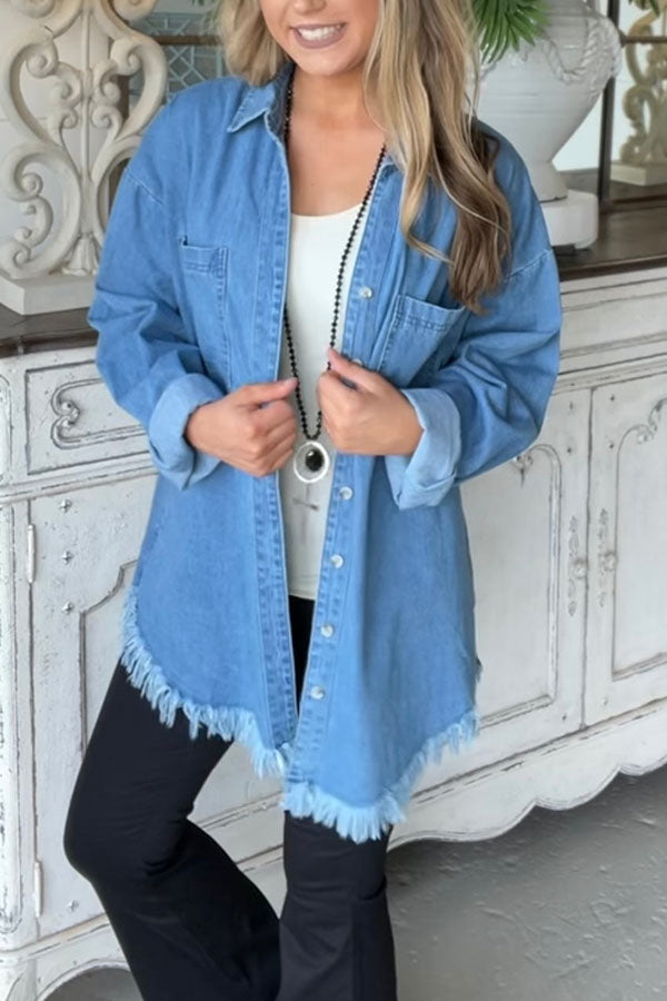 Sleek Frayed Hem Denim Jacket