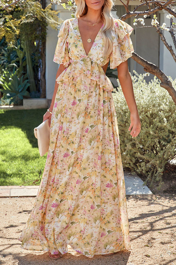 Dunes And Blooms Floral Ruffle Cutout Maxi Dress