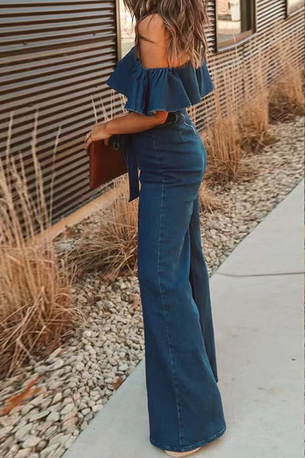 Fashion Solid Denim Faux One Shoulder Ruffle Jumpsuit