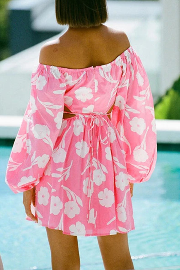 Printed Long Sleeve Off Shoulder Cutout Mini Dress