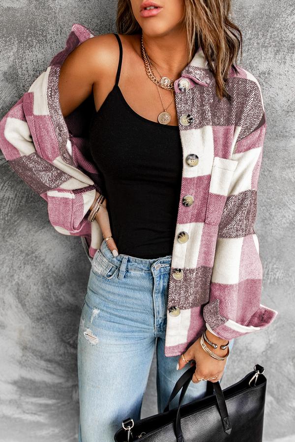 Plaid Color Block Buttoned Long Sleeve Jacket with Pocket