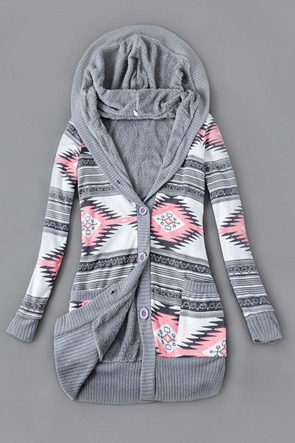 Printed Hooded Fleece-Lined Sweater Jacket