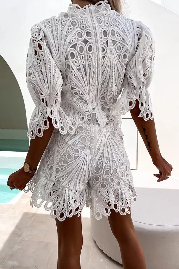 Pretty Personality Crochet Lace Shorts Suit