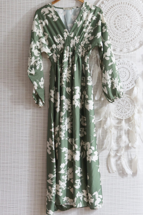 Long Sleeved Khaki Floral Maxi Dress