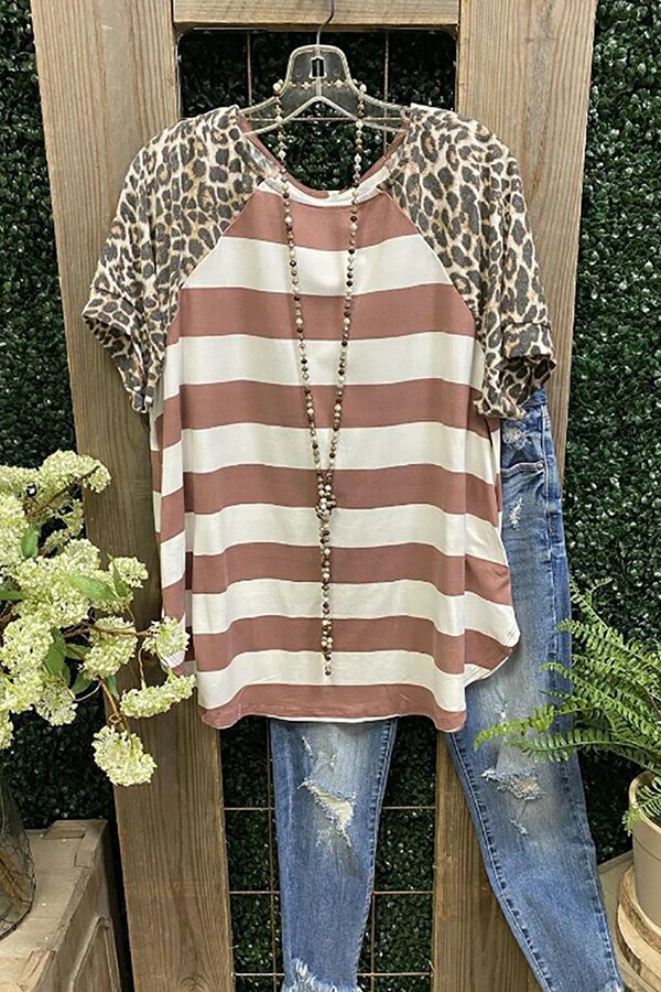 Women's Top Leopard Print Short Sleeve Striped Panel Crew Neck T-Shirt