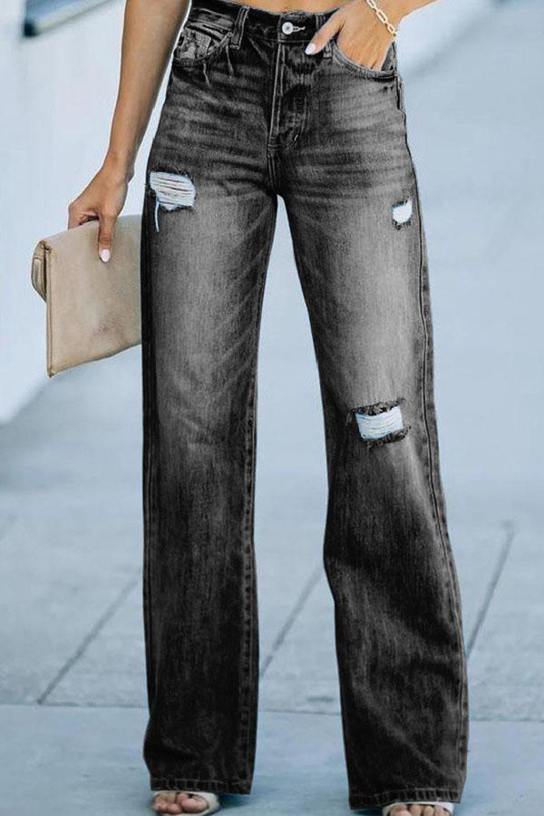 Shayna Chic Waist Ripped Denim Wide Leg Jeans