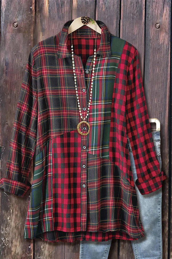 Mixed Plaid Button Up Tunic Top